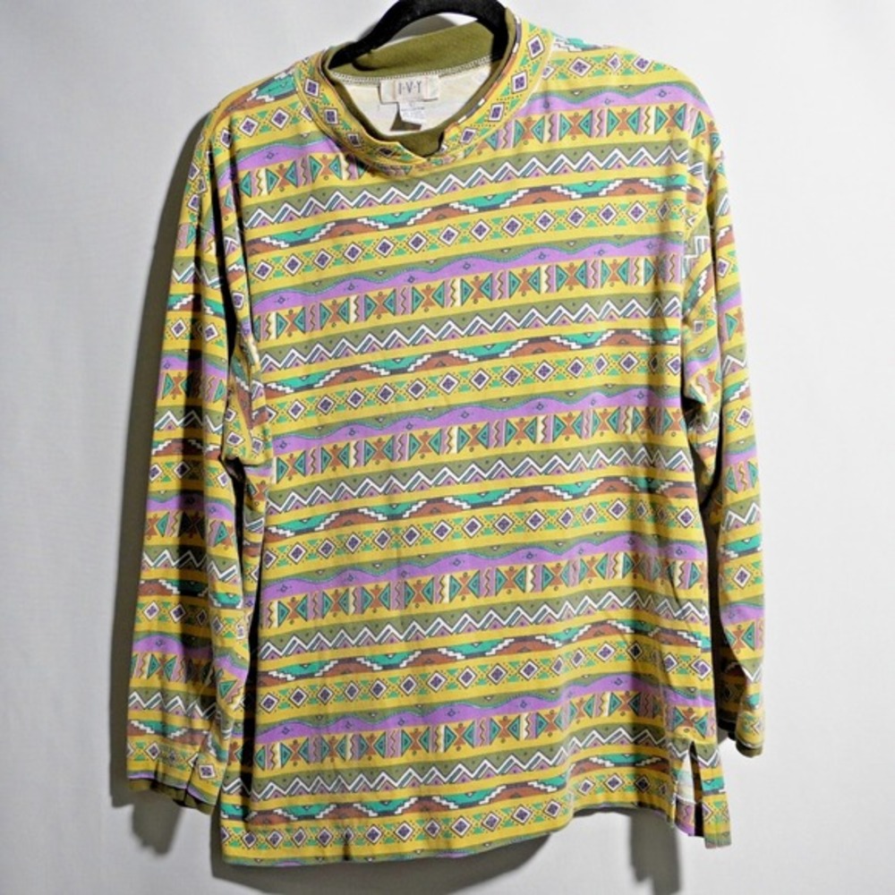 IVY VTG 80s 90s Yellow Aztec AOP Shirt‎ Surf Retro Mock Neck Cotton Mens L Funky